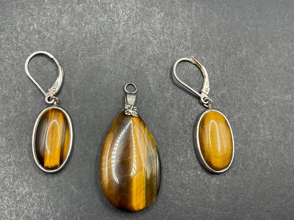 Vtg Tiger Eye Solid 925 Sterling Silver Pendant & Leverback Earrings Set 11.76g